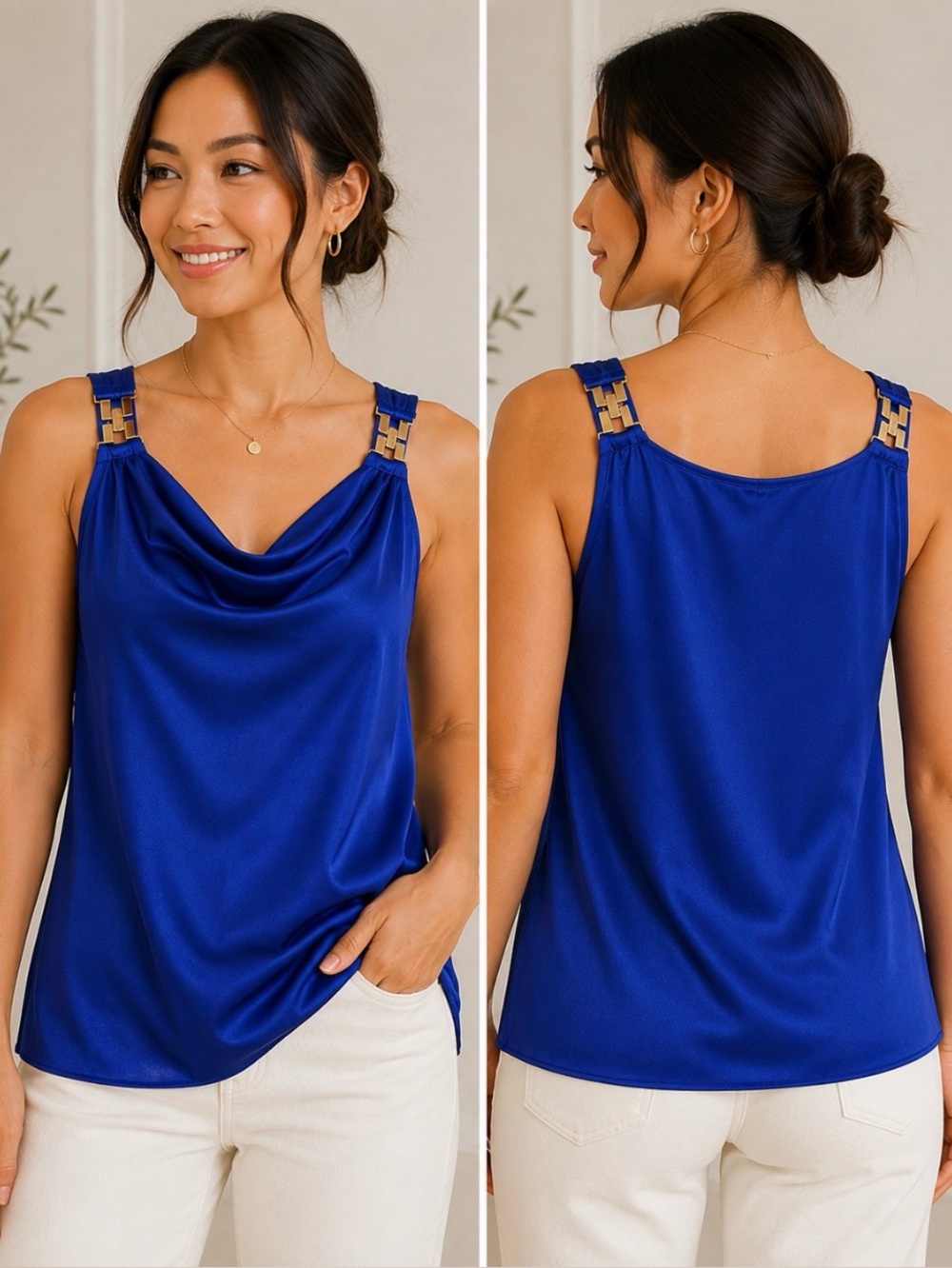 NWT Nicole Miller New York Royal Blue Satin Cowl Neck Blouse Gold Strap Detail S